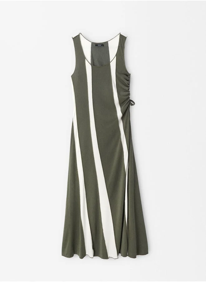 PARFOIS Ruched Striped Midi Dress