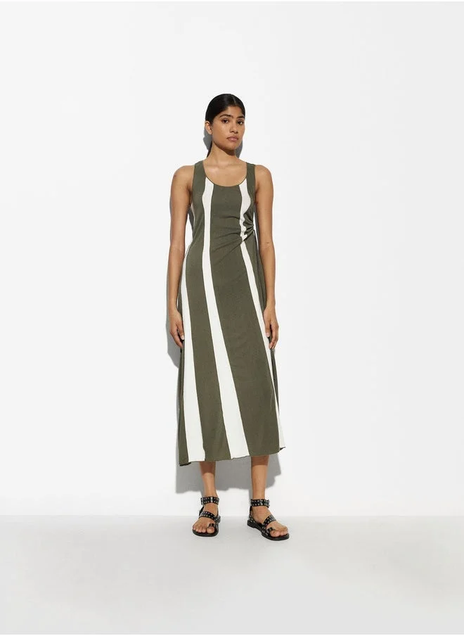 PARFOIS Ruched Striped Midi Dress