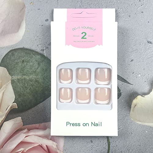 INOG 24Pcs Press on Toenails Fake Toe Nail Nude White French Tip Sticker with Glue Summer Full Cover False Fashion Square Short Removable Acrylic Nails for Women Manicure Decor - Image 2