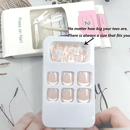 INOG 24Pcs Press on Toenails Fake Toe Nail Nude White French Tip Sticker with Glue Summer Full Cover False Fashion Square Short Removable Acrylic Nails for Women Manicure Decor - Image 3