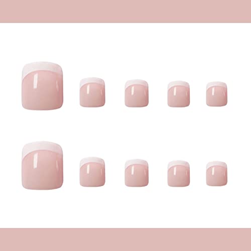 INOG 24Pcs Press on Toenails Fake Toe Nail Nude White French Tip Sticker with Glue Summer Full Cover False Fashion Square Short Removable Acrylic Nails for Women Manicure Decor - Image 4