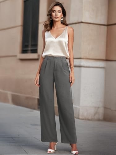 Feiersi Womens Casual Wide Leg Pants High Waisted Button Down Straight Long Trousers Palazzo Pants(Dark Grey,Medium) - Image 5