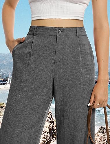 Feiersi Womens Casual Wide Leg Pants High Waisted Button Down Straight Long Trousers Palazzo Pants(Dark Grey,Medium) - Image 2