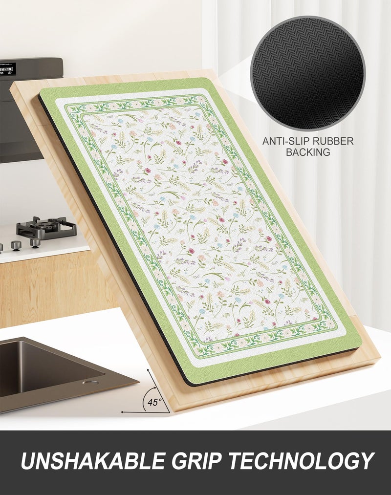 Rnivvi Dish Drying Mat for Kitchen Counter, 12 x 19" Cute Flower Theme Super Absorbent Draining Pad, Non-Slip Heat Resistant Coffee Bar Mat for Coffee Machine Station Accessories, Green Dish Rack Pad - Image 5