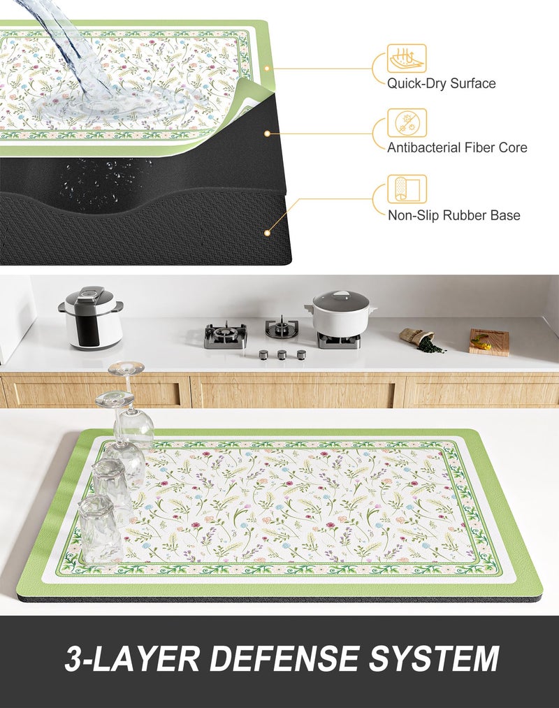 Rnivvi Dish Drying Mat for Kitchen Counter, 12 x 19" Cute Flower Theme Super Absorbent Draining Pad, Non-Slip Heat Resistant Coffee Bar Mat for Coffee Machine Station Accessories, Green Dish Rack Pad - Image 4