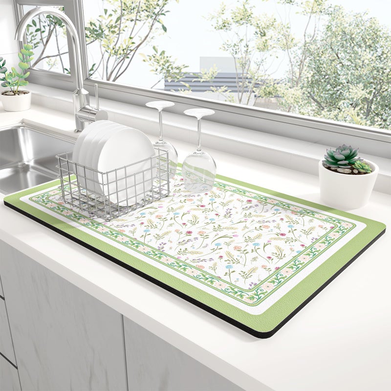Rnivvi Dish Drying Mat for Kitchen Counter, 12 x 19" Cute Flower Theme Super Absorbent Draining Pad, Non-Slip Heat Resistant Coffee Bar Mat for Coffee Machine Station Accessories, Green Dish Rack Pad - Image 1