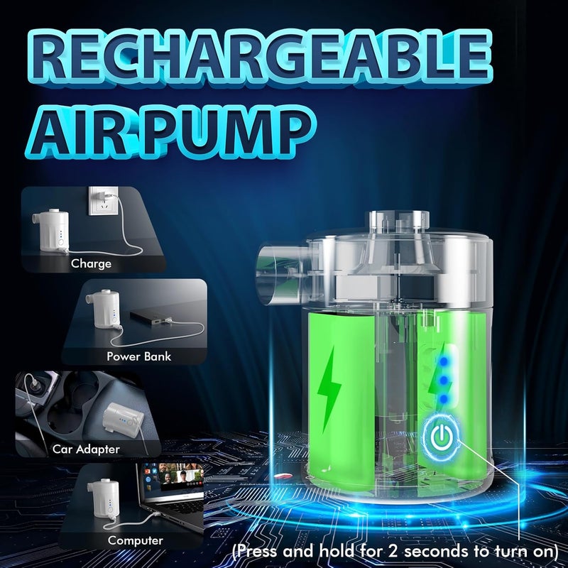 Mojimdo Portable Electric Air Pump for Inflatables, Rechargeable Battery Air Pump for Airbed, 2-in-1 Portable Mini Vacuum Pump with 4 Air Nozzles and Storage Bag for Air Mattress, Pool - Image 3