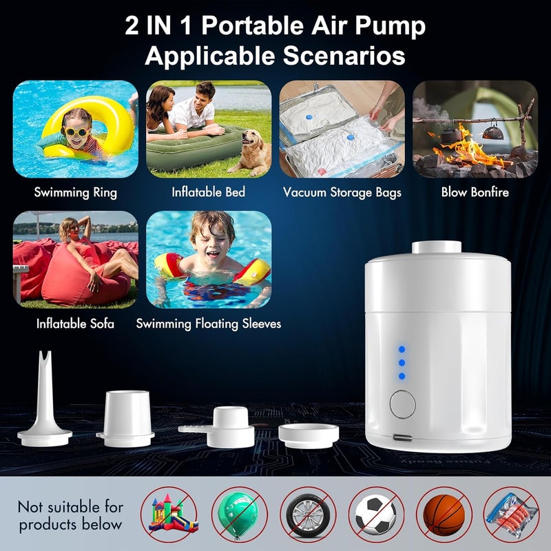 Mojimdo Portable Electric Air Pump for Inflatables, Rechargeable Battery Air Pump for Airbed, 2-in-1 Portable Mini Vacuum Pump with 4 Air Nozzles and Storage Bag for Air Mattress, Pool - Image 5
