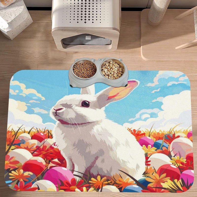 Pet Feeding Mat Easter Spring Summer Bunny Cute Eggs Flowers Rabbit Cr Dog Food Mat for Food Water No Stains Quick Dry Dispenser Cat Bowl Mats for Messy Drinkers 24x16In - Image 2