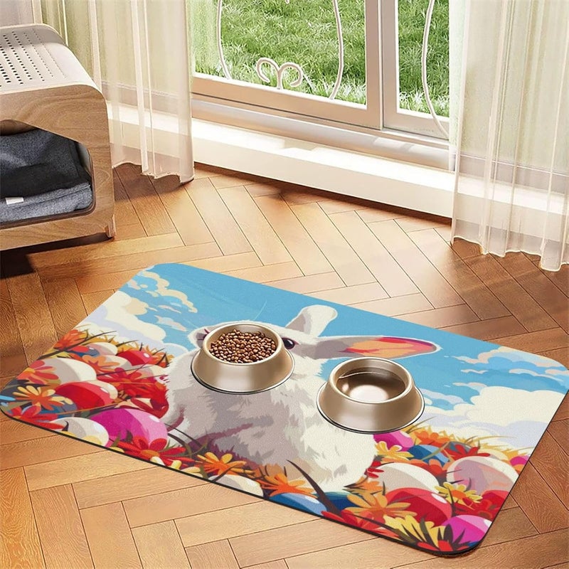 Pet Feeding Mat Easter Spring Summer Bunny Cute Eggs Flowers Rabbit Cr Dog Food Mat for Food Water No Stains Quick Dry Dispenser Cat Bowl Mats for Messy Drinkers 24x16In - Image 3