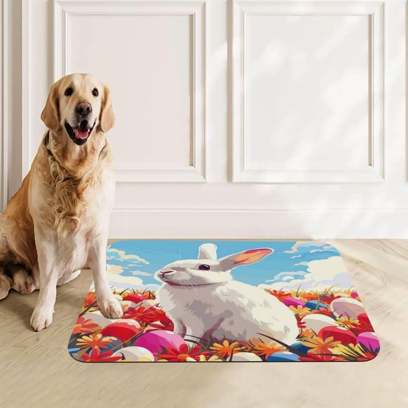 Pet Feeding Mat Easter Spring Summer Bunny Cute Eggs Flowers Rabbit Cr Dog Food Mat for Food Water No Stains Quick Dry Dispenser Cat Bowl Mats for Messy Drinkers 24x16In - Image 1