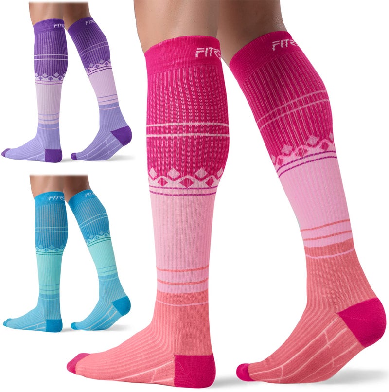 FITRELL 3 Pairs Compression Socks for Women and Men 15-20mmHg-Muscle Circulation Support Socks for Travel, Nurse, Knee High, Pink+Purple+Blue L/XL - Image 1