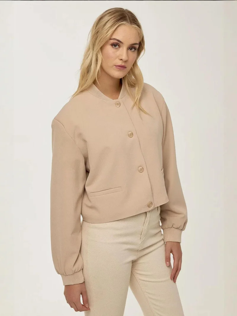 Hiccup Natural College Collar Double Pocket Cropped Jacket for Women | Best Price UAE