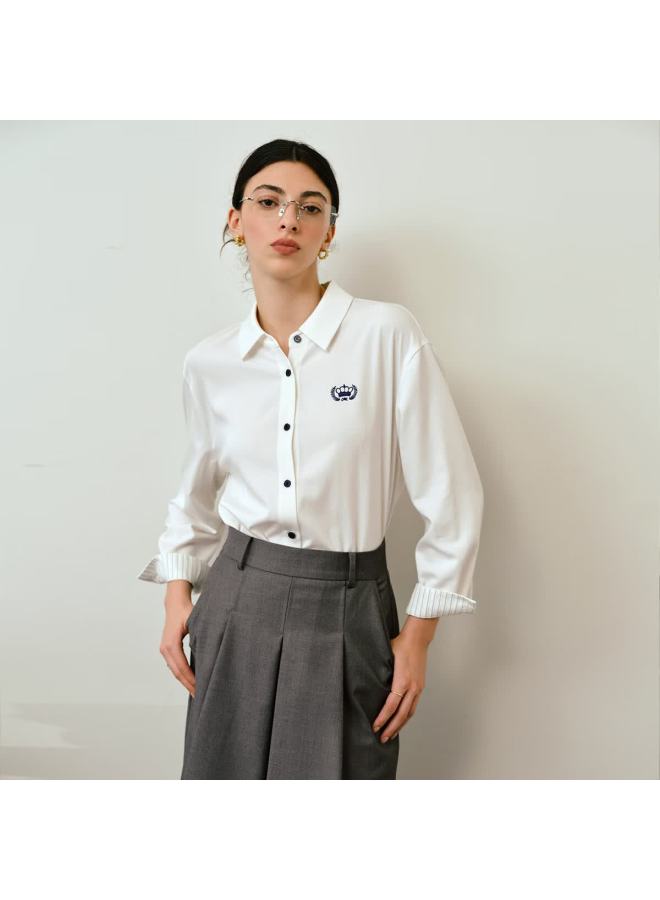 Olrain Casual Commuter Design Long Sleeve Embroidered Shirt Women Autumn New Off-white M