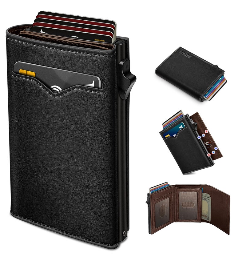 miyozi Wallet for Men,with Cash Pocket 2 ID Window 9-13 Cards,Metal Case Smart Slim Pop Up Credit Card Holder Flip with Magnetic Closure RFID Blocking Trifold wallet with Gift Box - Image 1