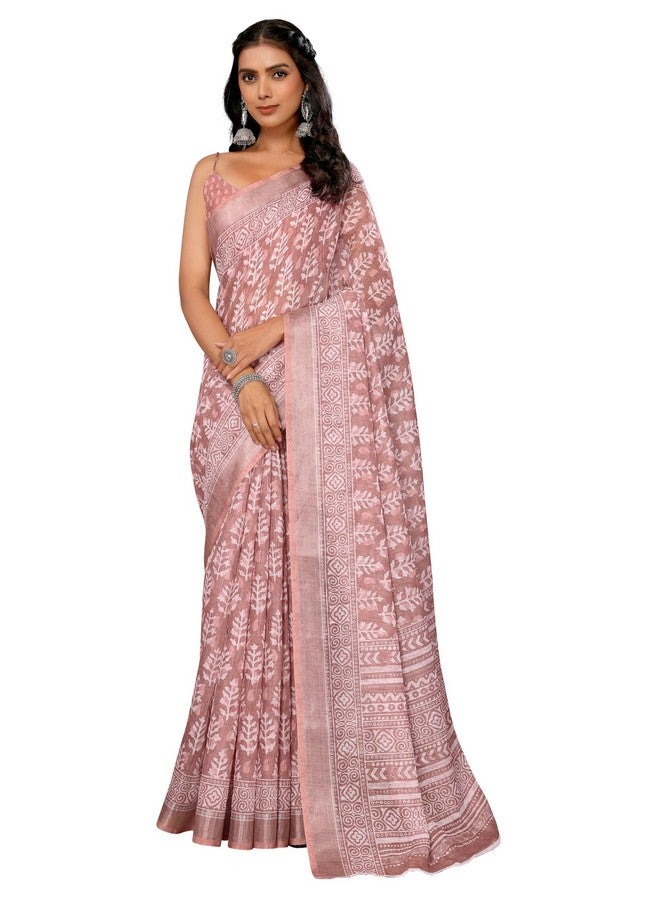 Janasya Women's Mauve Linen Blend Block Print Printed Saree with Blouse Piece (SAR469-J) - Image 1
