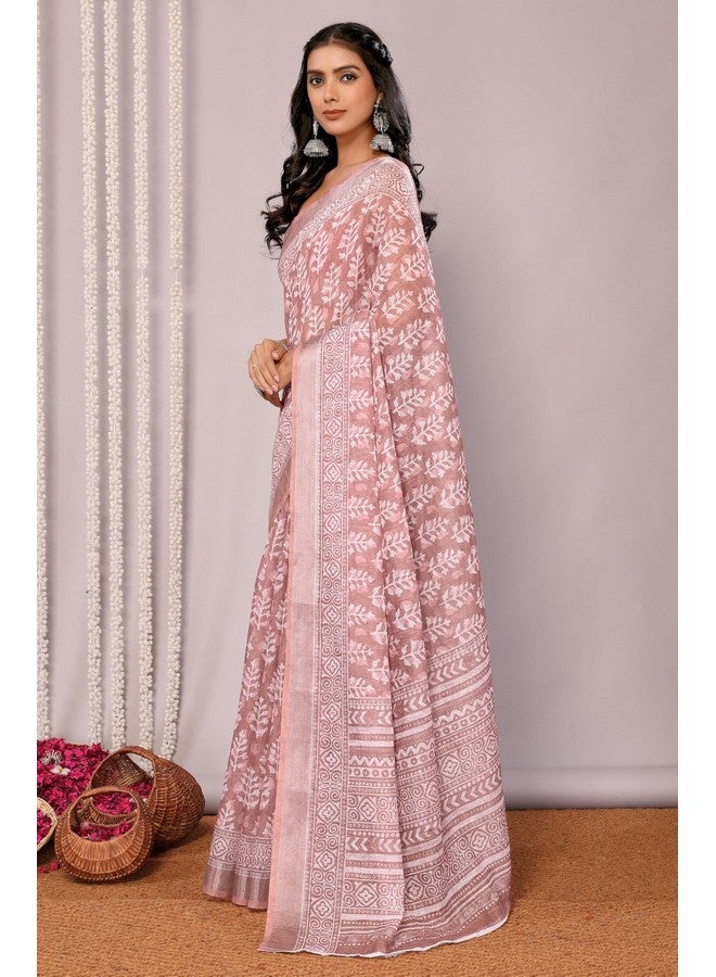 Janasya Women's Mauve Linen Blend Block Print Printed Saree with Blouse Piece (SAR469-J) - Image 3