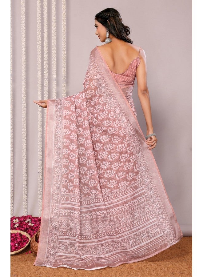 Janasya Women's Mauve Linen Blend Block Print Printed Saree with Blouse Piece (SAR469-J) - Image 5
