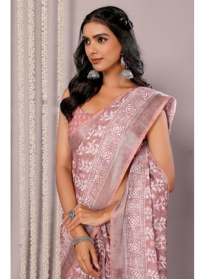 Janasya Women's Mauve Linen Blend Block Print Printed Saree with Blouse Piece (SAR469-J) - Image 4