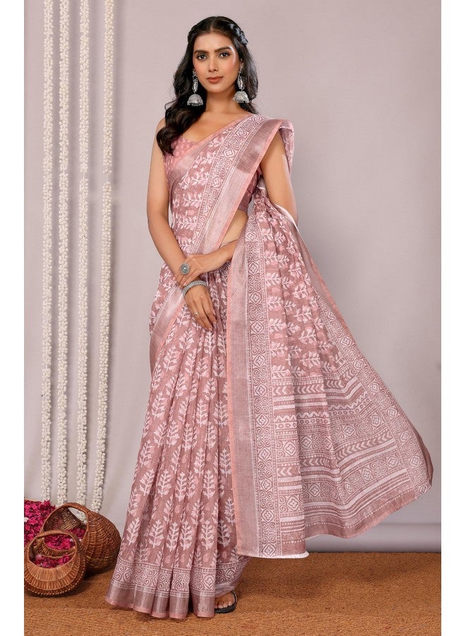 Janasya Women's Mauve Linen Blend Block Print Printed Saree with Blouse Piece (SAR469-J) - Image 2