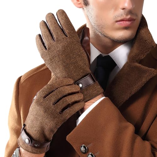 LADYBRO Herringbone Tweed Gloves for Men Touchscreen Winter Warm Lined Driving Black Brown Wool Blend Retro 1920s, S-XXL - Image 1