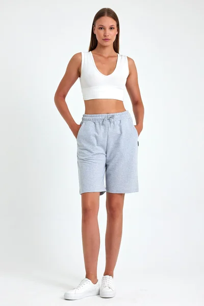 mmetalic Women's Relaxed Cut Elastic Waist Seasonal Soft Fabric Pocket Gray Long Bermuda Shorts