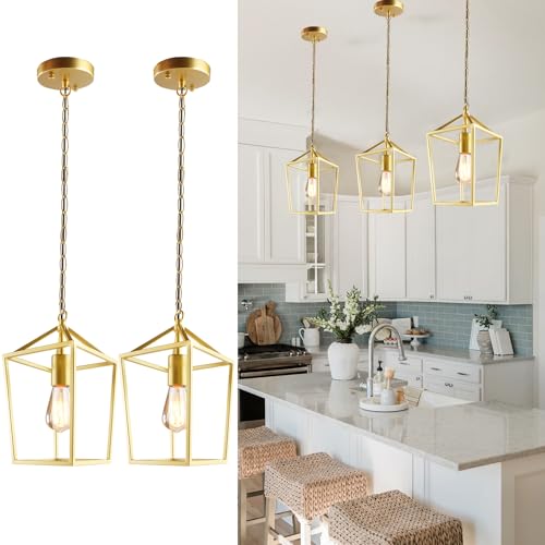 Sheetea 2-Pack Gold Pendant Lights Kitchen Island, Modern Mid Century Light Fixtures Hanging Lamp for Kitchen, Farmhouse Kitchen Pendant Lighting Over Island, Metal Cage Design - Image 1
