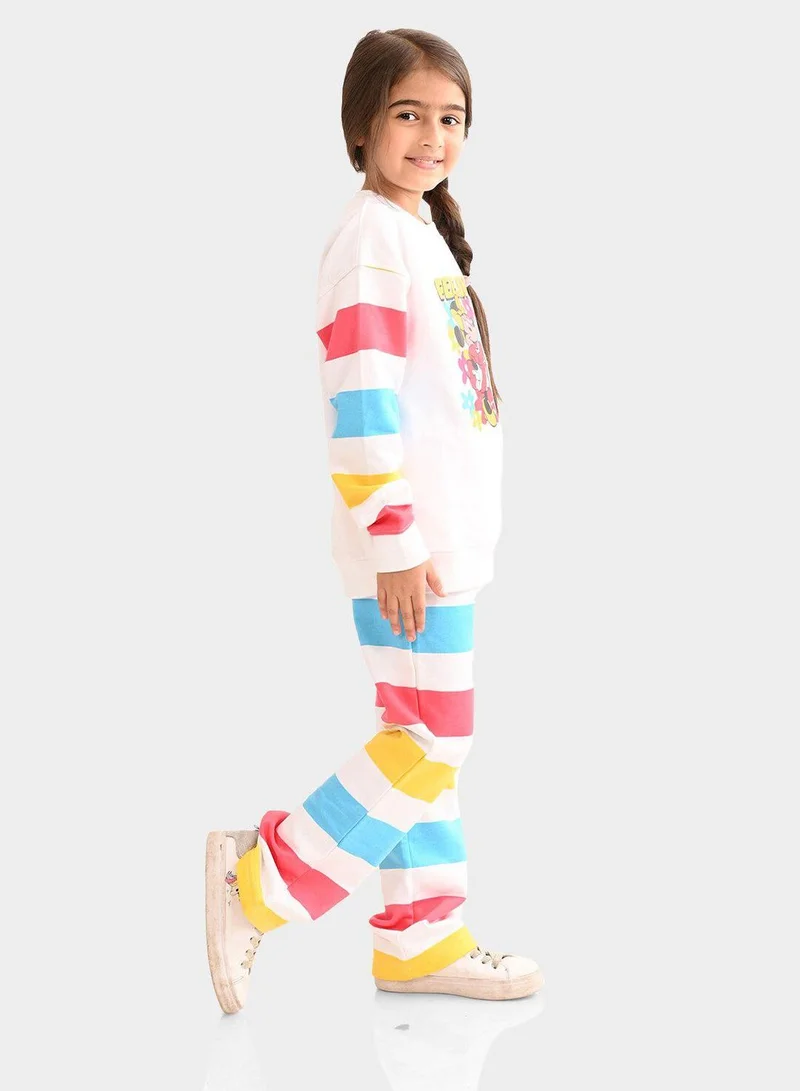 Bonkids Regular Fit Printed White And Multicolour Cotton Sets For Girls Round Neck Flat Collar Pull On 100 % Cotton