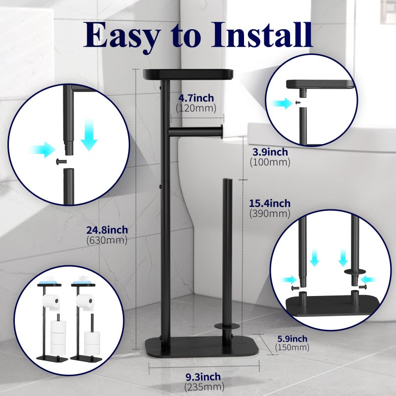 Kitsure Toilet Paper Holder Free Standing â€“ Rustproof Metal Toilet Paper Stand for 4 Rolls with Anti-Slip Base and Shelf for Phone & Small Items, Bathroom Organizers and Storage, Medium, Black, 2Pack - Image 2