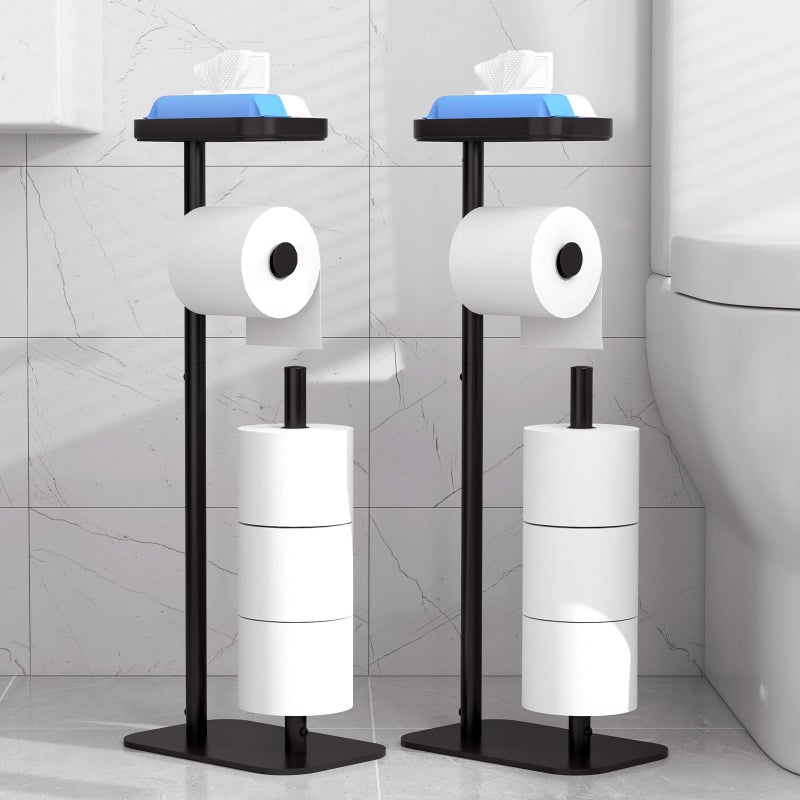 Kitsure Toilet Paper Holder Free Standing â€“ Rustproof Metal Toilet Paper Stand for 4 Rolls with Anti-Slip Base and Shelf for Phone & Small Items, Bathroom Organizers and Storage, Medium, Black, 2Pack - Image 1