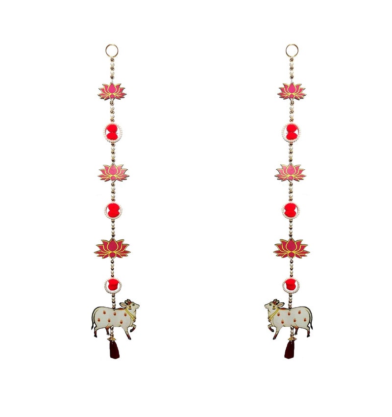 Pinoozclub Pinoozclub Handmade MDF Cow Pichwai with Lotus Cutouts and Pom Poms Backdrop Hangings for Decorations1 Pair MDF Floral Wall Hangings for Temple Decor Main Door Entrance Pink - Image 1