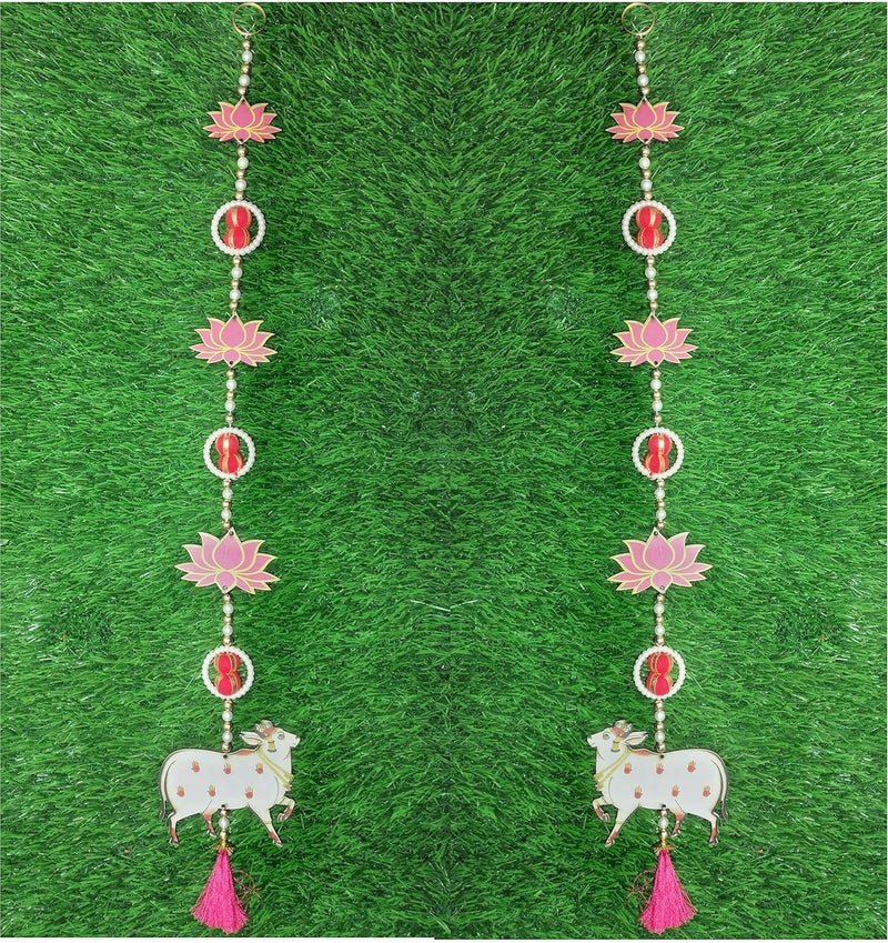 Pinoozclub Pinoozclub Handmade MDF Cow Pichwai with Lotus Cutouts and Pom Poms Backdrop Hangings for Decorations1 Pair MDF Floral Wall Hangings for Temple Decor Main Door Entrance Pink - Image 2