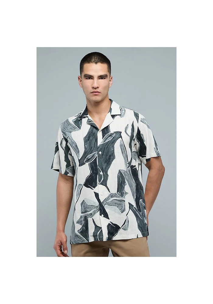 أر أند بي Patterned Shirt with Revere Collar and Short Sleeves