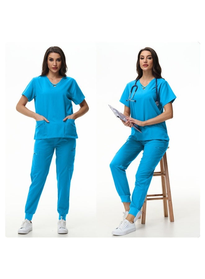 NIBEMINENT Scrubs Jogger Set Women Pet Hospital Doctor Uniform Solid Color Surgical Suits Multiple Pockets V-neck Dentist Clothes - Image 2