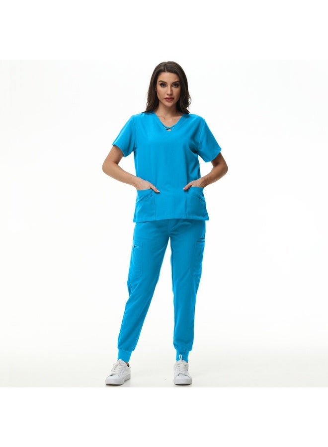 NIBEMINENT Scrubs Jogger Set Women Pet Hospital Doctor Uniform Solid Color Surgical Suits Multiple Pockets V-neck Dentist Clothes - Image 1