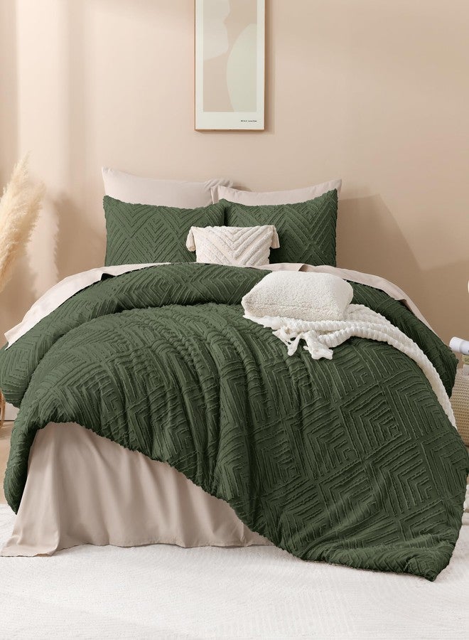 Andency Dark Olive Green Comforter Set Queen Size, Lightweight Fluffy Boho Men Bedding Comforter Set, 3 Pieces Tufted Farmhouse Bed Set for All Seasons (1 Comforter 90x90In, 2 Pillowcases) - Image 2