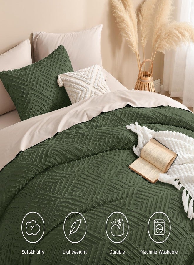 Andency Dark Olive Green Comforter Set Queen Size, Lightweight Fluffy Boho Men Bedding Comforter Set, 3 Pieces Tufted Farmhouse Bed Set for All Seasons (1 Comforter 90x90In, 2 Pillowcases) - Image 4