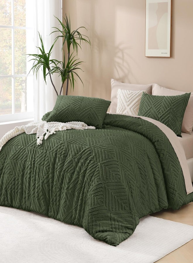 Andency Dark Olive Green Comforter Set Queen Size, Lightweight Fluffy Boho Men Bedding Comforter Set, 3 Pieces Tufted Farmhouse Bed Set for All Seasons (1 Comforter 90x90In, 2 Pillowcases) - Image 1