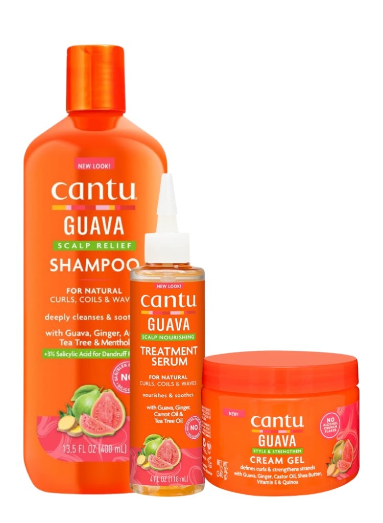 Cantu Guava Scalp Relief Shampoo, Nourishing Treatment Serum & Style Strengthen Cream Gel Set – Complete Scalp and Hair Care Trio - Image 1
