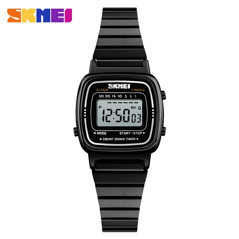 Skmei Fashion Ladies Digital Wristwatch Upgrade All Black-Steel Belt Edition