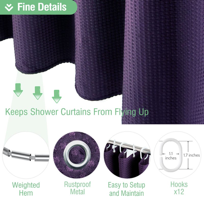 Dynamene Purple Fabric Shower Curtain - Waffle Textured Heavy Duty Cloth Shower Curtains for Bathroom, 256GSM Hotel Spa Luxury Weighted Polyester Bath Curtain Set with 12 Plastic Hooks(72Wx72H,Purple) - Image 5