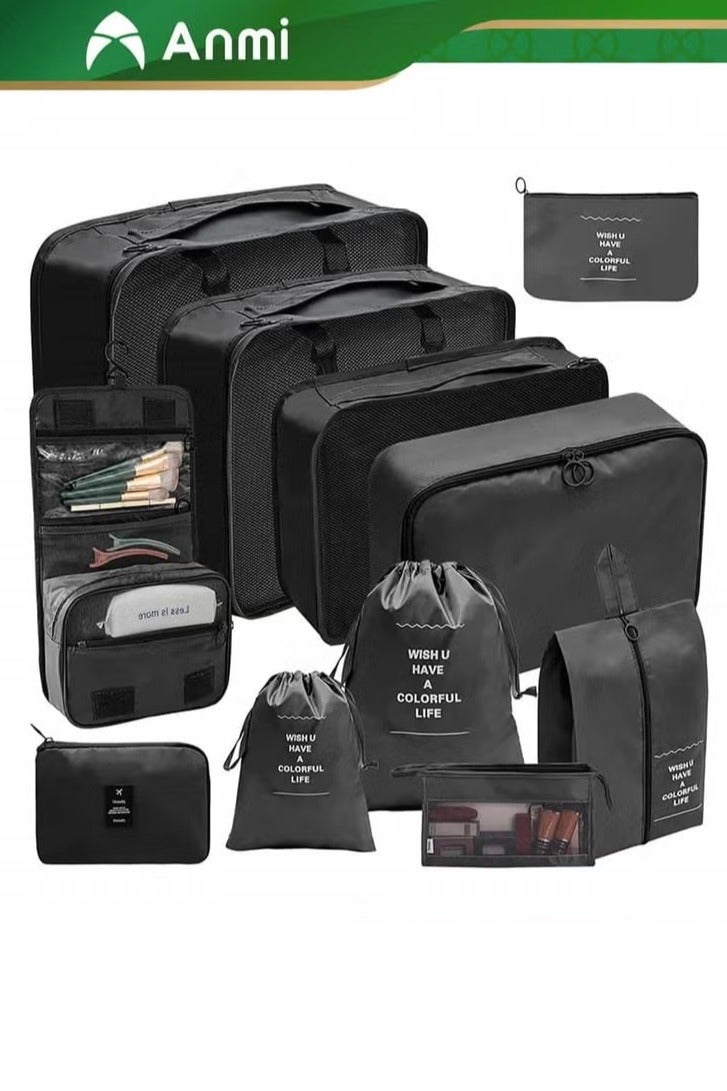 Anmi 11 PCS Travel Packing Bags, Luggage Organizer Bags for Carry On, Travel Cubes Organizer for Luggage, Waterproof Packing Organisers (Black)
