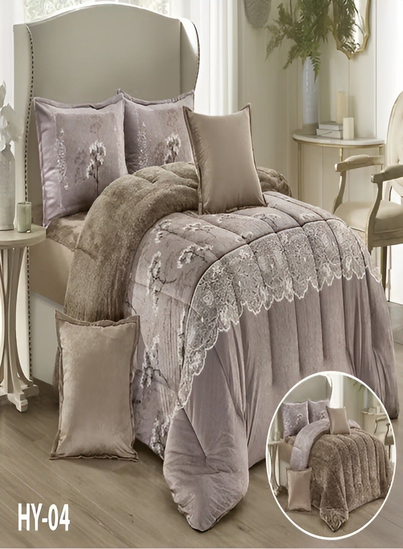 Moon Double-Sided Winter Bed Set for Two – 6 Pieces (1 Comforter + 1 Fitted Sheet + 4 Decorative Pillow Covers), Reversible Design with Velvet Front and Fleece Back, Fits Bed Size 200x200 cm - Image 1