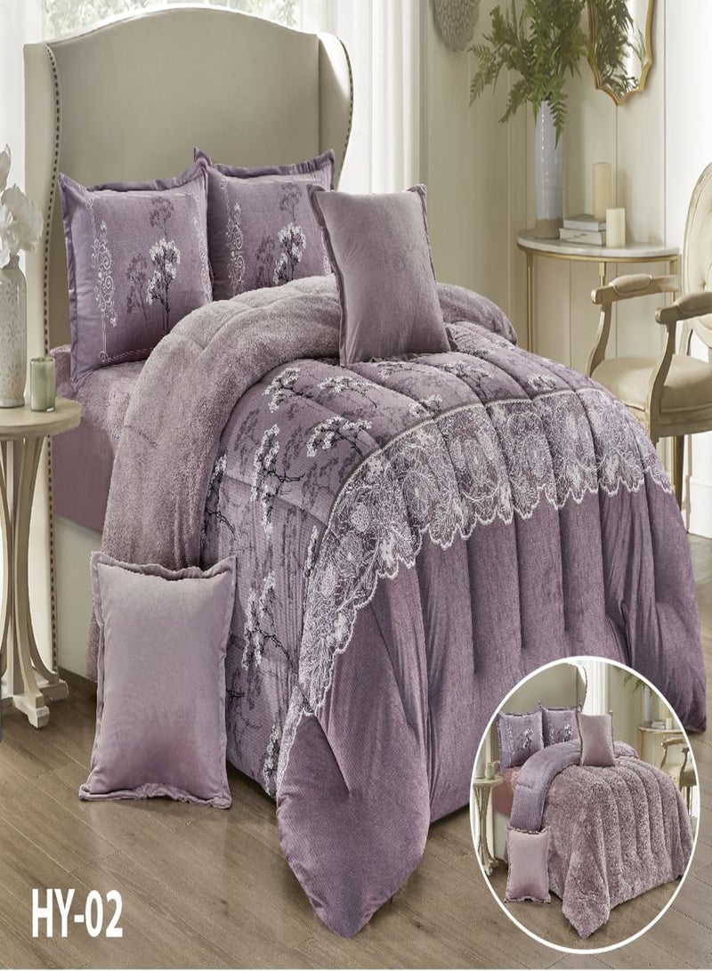 Moon Double-Sided Winter Bed Set for Two – 6 Pieces (1 Comforter + 1 Fitted Sheet + 4 Decorative Pillow Covers), Reversible Design with Velvet Front and Fleece Back, Fits Bed Size 200x200 cm - Image 4