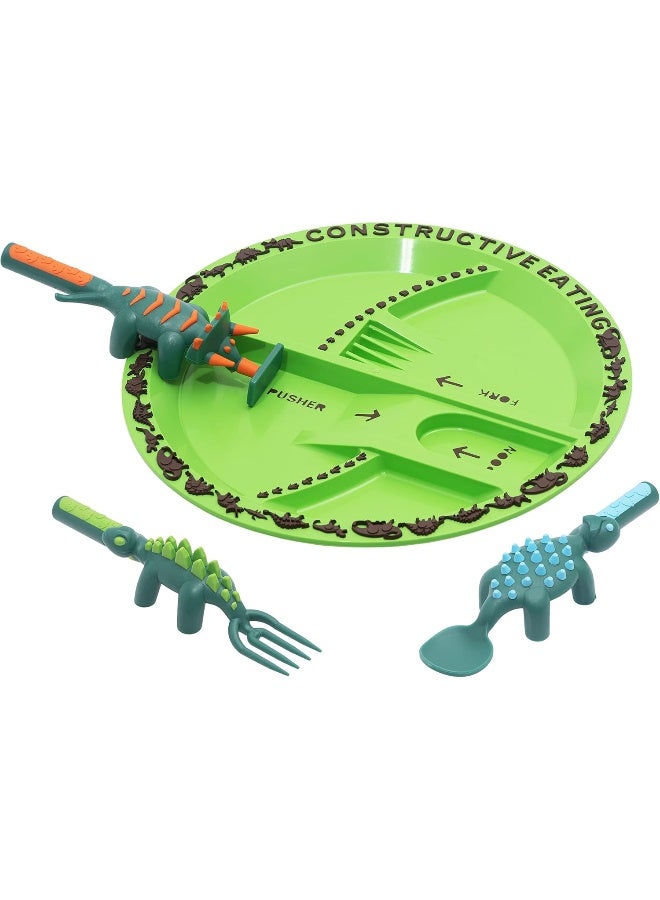 كونستركتيف إيتينج Plate and Utensils Set - Made in USA - Toddler Dinnerware, Kids Dinnerware and Utensils Set for Ages 1-3, Toddler Utensils 2 and 3 Year Old, Divided Toddler Plates (Dinosaur) - Image 1