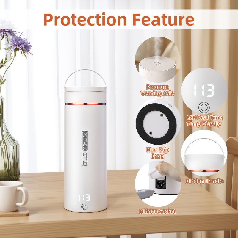 SOLARAE Portable Electric Kettle, Small 304 Stainless Steel Hot Water Boiler with 6 Temperature and Control Auto Shut-Off & Boil Dry Protection for Tea Coffee, Mini Coffee Kettle for Travel White - Image 5