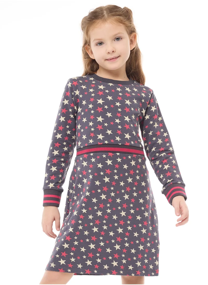 victor and jane Silver print Star dress with matching waist Rib- Girls Dress