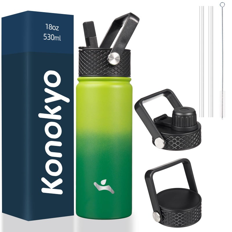 Konokyo 18 oz Insulated Water Bottle Stainless Steel Sport Bottles with 3 LidsBamboo Grove