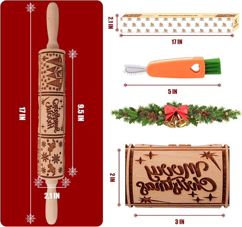 XINBADA 17" Premium Wooden Rolling Pins for Baking with Nativity Embossed Designs | 3mm Deep Springerle Cookie Molds | Christmas Rolling Pin & Baking Gifts for Women | Includes 3-in-1 Cleaning Brush ﻿ - Image 3