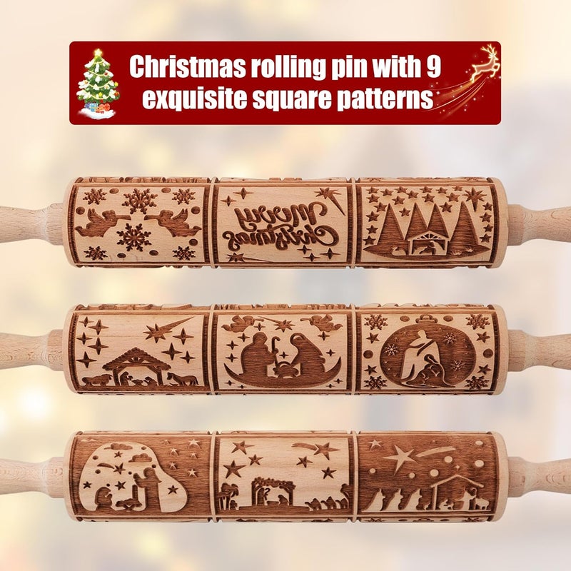 XINBADA 17" Premium Wooden Rolling Pins for Baking with Nativity Embossed Designs | 3mm Deep Springerle Cookie Molds | Christmas Rolling Pin & Baking Gifts for Women | Includes 3-in-1 Cleaning Brush ﻿ - Image 4